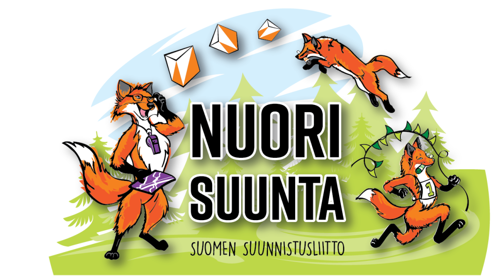Nuori Suunta logo jossa teksti Nuori Suunta Suomen Suunnistusliitto. Kuvassa kettuja jotka lukevat karttaa, hyppäävät ja juoksevat